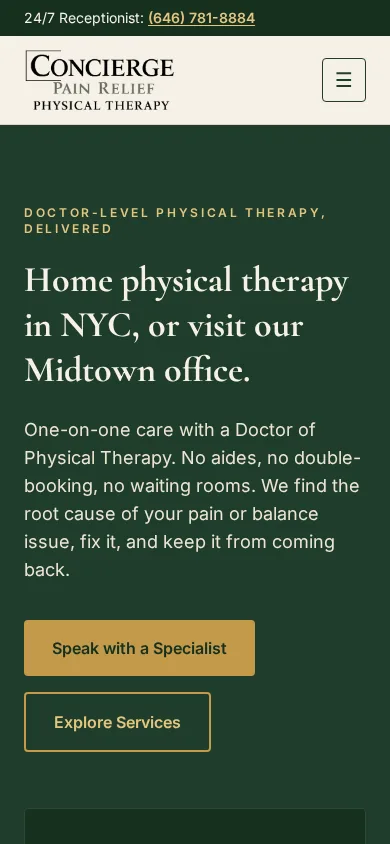 Concierge Pain Relief homepage on a phone