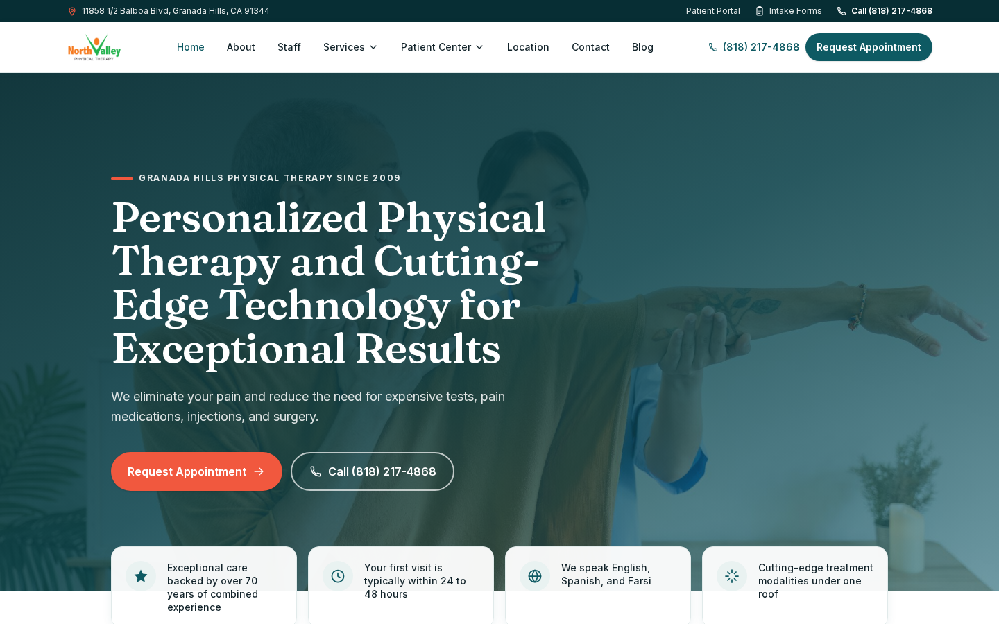 North Valley Physical Therapy homepage: teal hero with serif headline over a photo of a therapist treating a patient
