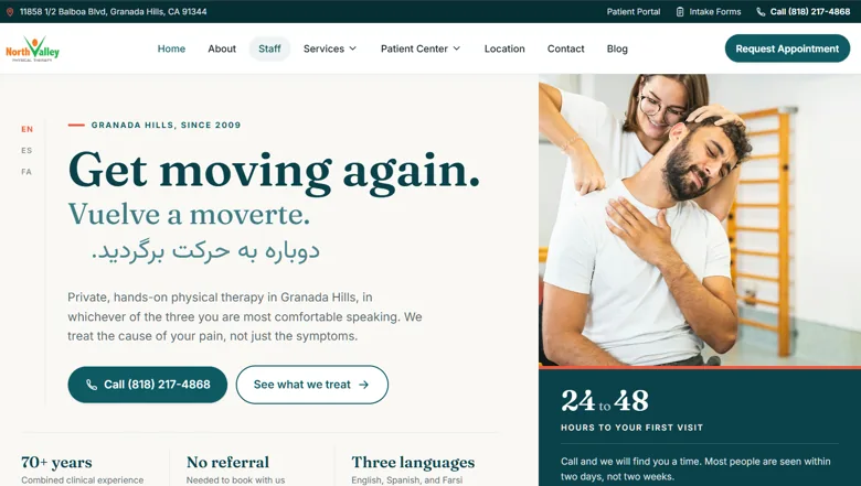 North Valley Physical Therapy homepage: teal hero with serif headline over a photo of a therapist treating a patient