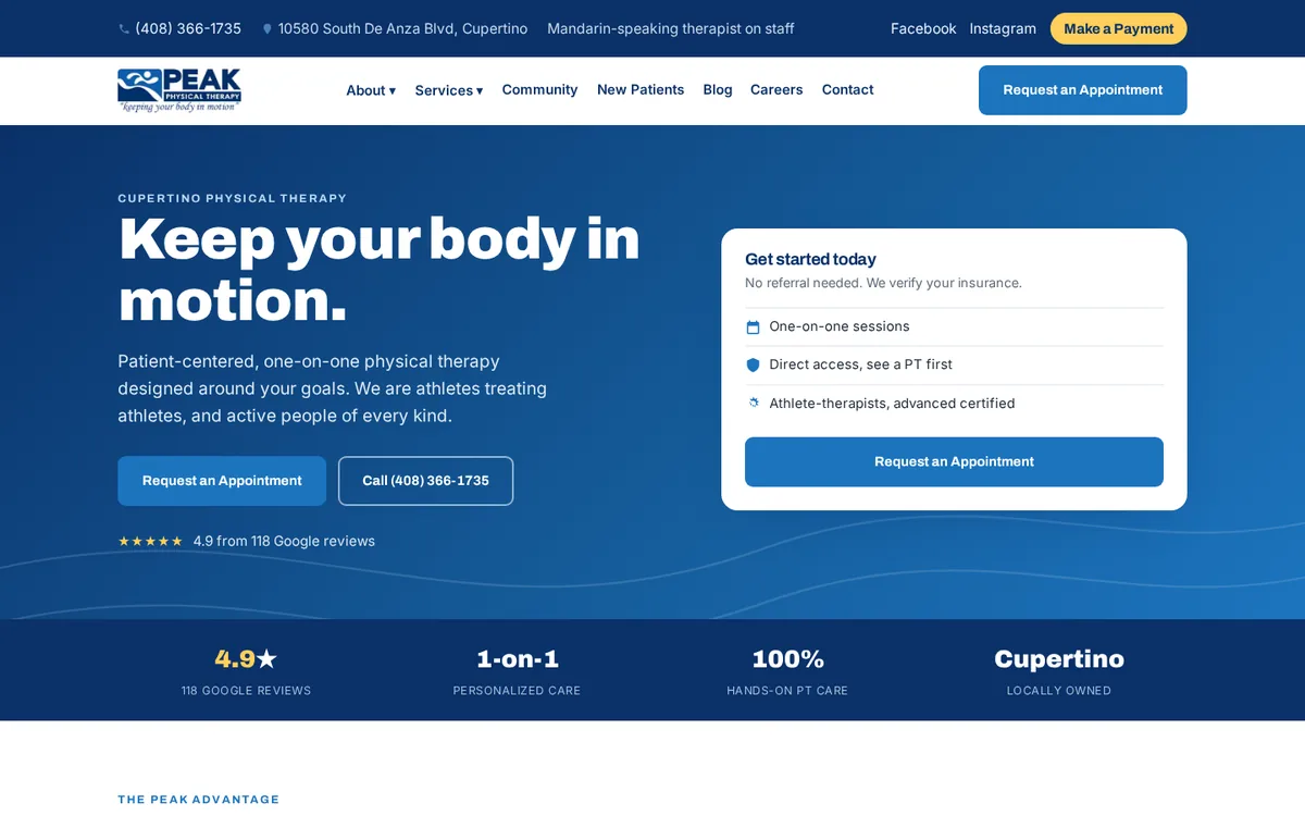 Peak Physical Therapy homepage: blue hero reading Keep your body in motion with a get started card