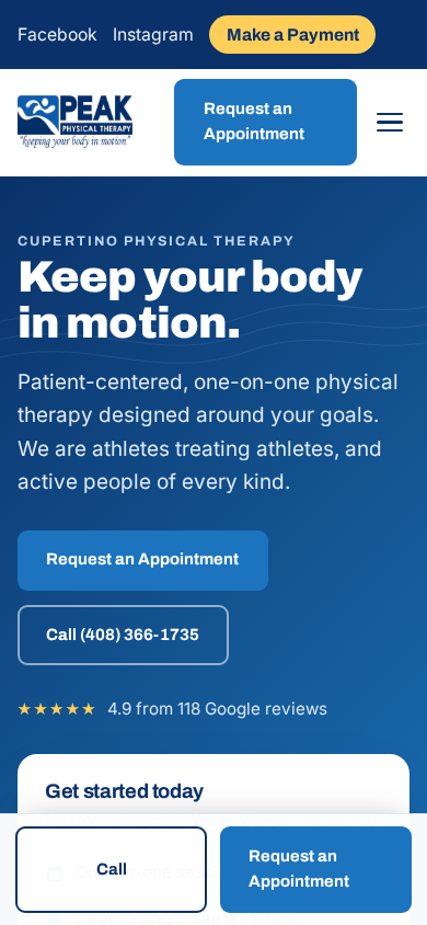 Peak Physical Therapy homepage on a phone