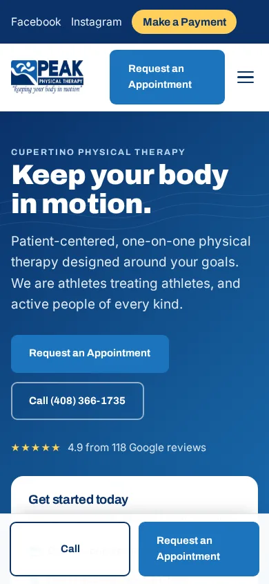 Peak Physical Therapy homepage on a phone