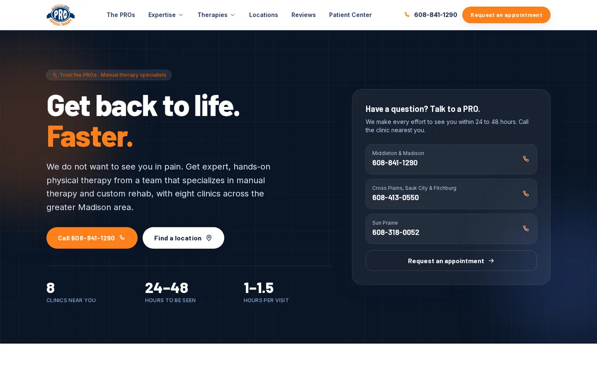 PRO Physical Therapy homepage: near-black hero reading Get back to life. Faster. with clinic phone cards