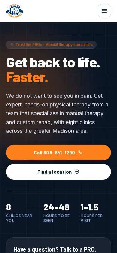PRO Physical Therapy homepage on a phone