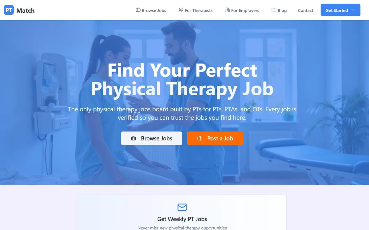 PTMatch homepage: headline about finding physical therapy jobs nationwide with a job-search interface