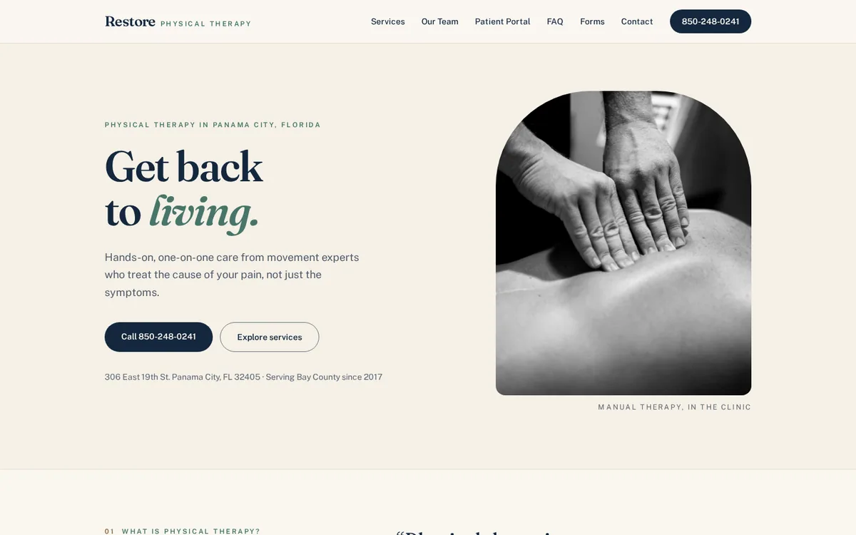 Restore Physical Therapy homepage: cream background, serif headline reading Get back to living, black and white photo of manual therapy