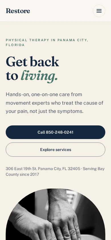 Restore Physical Therapy homepage on a phone