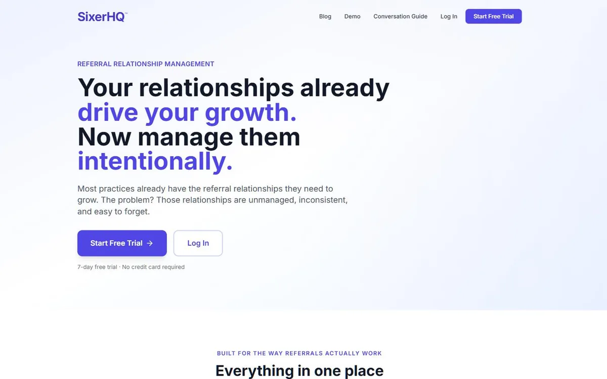 SixerHQ homepage: headline reading Referral Relationship Management for Healthcare Specialists