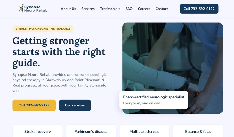 Synapse Neuro Rehab homepage: navy serif headline reading Getting stronger starts with the right guide, beside a photo of a therapist assisting a patient