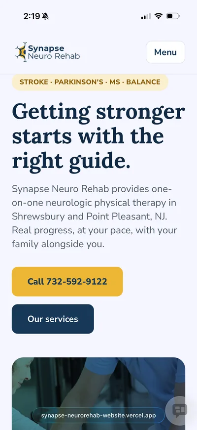 Synapse Neuro Rehab homepage on a phone
